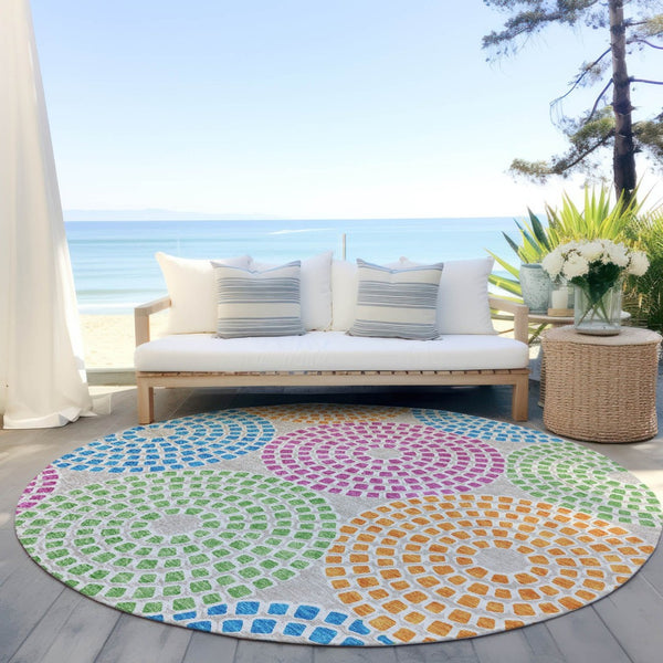 HomeRoots 5' Vibrant Geometric Area Rug in Purple, Green & Aqua – Durable, Washable for Indoor & Outdoor Style 8' Round 591941