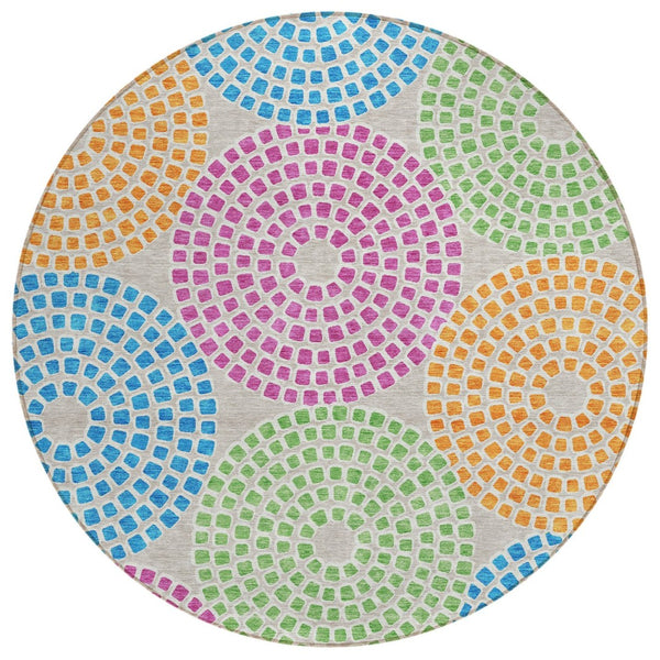 HomeRoots 5' Vibrant Geometric Area Rug in Purple, Green & Aqua – Durable, Washable for Indoor & Outdoor Style 8' Round 591941