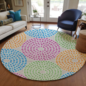 HomeRoots 5' Vibrant Geometric Area Rug in Purple, Green & Aqua – Durable, Washable for Indoor & Outdoor Style 8' Round 591941