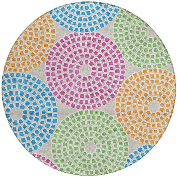HomeRoots 5' Vibrant Geometric Area Rug in Purple, Green & Aqua – Durable, Washable for Indoor & Outdoor Style 8' Round 591941