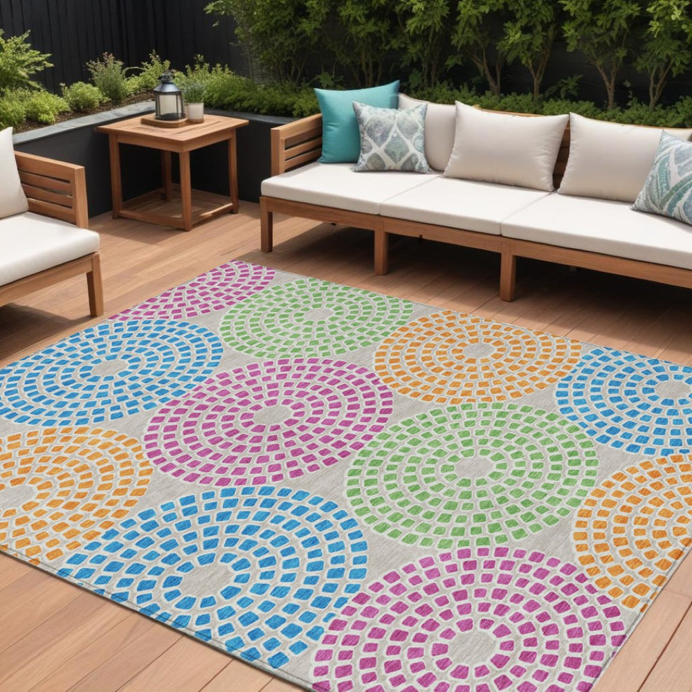 HomeRoots 5' Vibrant Geometric Area Rug in Purple, Green & Aqua – Durable, Washable for Indoor & Outdoor Style 8' X 10' 591942