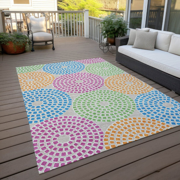 HomeRoots 9' Vibrant Geometric Washable Area Rug in Purple, Green & Aqua for Indoor/Outdoor Spaces 9' X 12' 591943