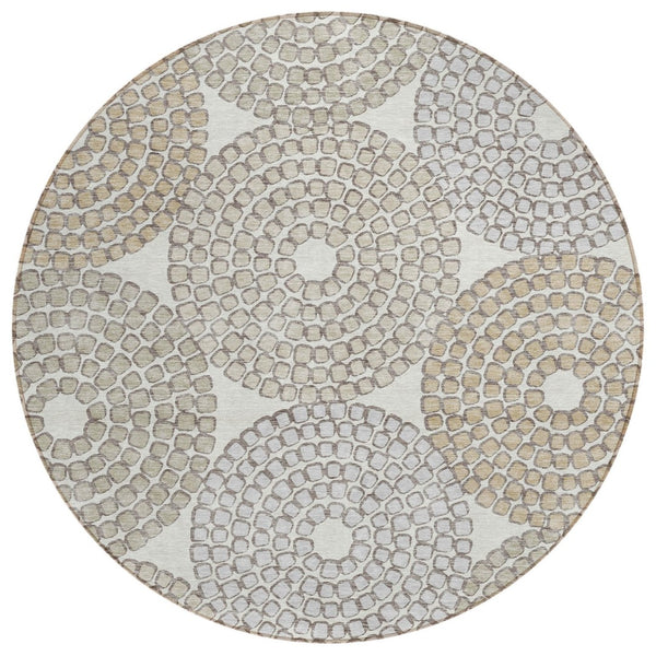 HomeRoots 5' Modern Geometric Washable Area Rug in Ivory, Brown & Gray for Indoor/Outdoor Versatility 8' Round 591953