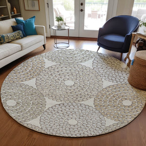Homeroots 3' Artichoke Green And Brown Geometric Washable Area Rug For Indoor And Outdoor Spaces, Durable Design 8' Round Polyester 591953