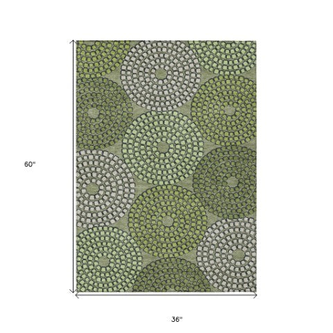 Homeroots 3' Artichoke Green And Brown Geometric Washable Area Rug For Indoor And Outdoor Spaces, Durable Design 3' X 5' Polyester 591975