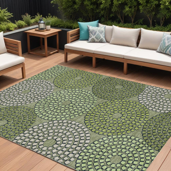 Homeroots 3' Artichoke Green And Brown Geometric Washable Area Rug For Indoor And Outdoor Spaces, Durable Design 8' X 10' Polyester 591978
