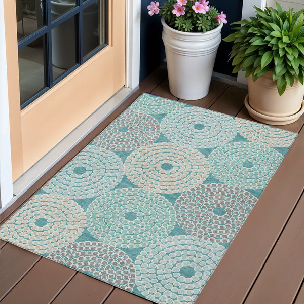 Homeroots 3' Artichoke Green And Brown Geometric Washable Area Rug For Indoor And Outdoor Spaces, Durable Design 3' X 5' Polyester 591981