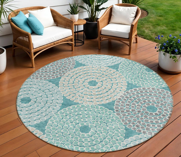 HomeRoots 5' Geometric Washable Indoor Outdoor Area Rug in Teal, Blue, Beige, and Gray - Stylish & Durable! 8' Round 591983