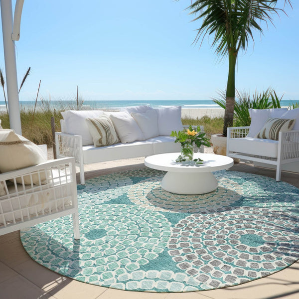 HomeRoots 5' Geometric Washable Indoor Outdoor Area Rug in Teal, Blue, Beige, and Gray - Stylish & Durable! 8' Round 591983