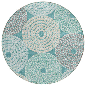 HomeRoots 5' Geometric Washable Indoor Outdoor Area Rug in Teal, Blue, Beige, and Gray - Stylish & Durable! 8' Round 591983