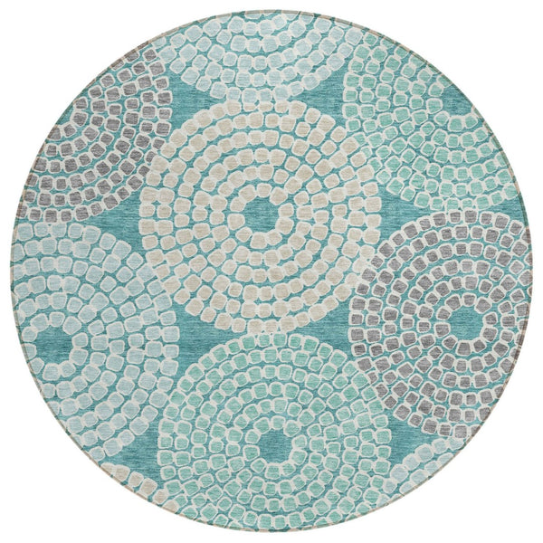HomeRoots 5' Geometric Washable Indoor Outdoor Area Rug in Teal, Blue, Beige, and Gray - Stylish & Durable! 8' Round 591983