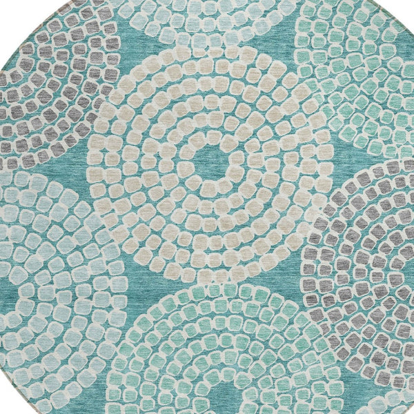 HomeRoots 5' Geometric Washable Indoor Outdoor Area Rug in Teal, Blue, Beige, and Gray - Stylish & Durable! 8' Round 591983