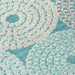 HomeRoots 5' Geometric Washable Indoor Outdoor Area Rug in Teal, Blue, Beige, and Gray - Stylish & Durable! 8' Round 591983