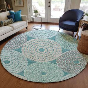 HomeRoots 5' Geometric Washable Indoor Outdoor Area Rug in Teal, Blue, Beige, and Gray - Stylish & Durable! 8' Round 591983