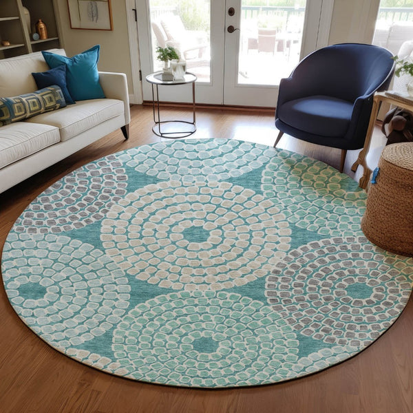 HomeRoots 5' Geometric Washable Indoor Outdoor Area Rug in Teal, Blue, Beige, and Gray - Stylish & Durable! 8' Round 591983