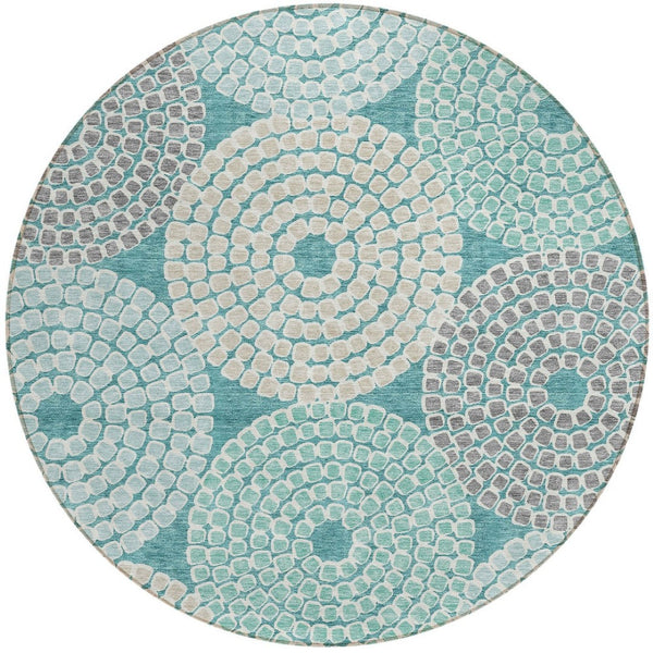 HomeRoots 5' Geometric Washable Indoor Outdoor Area Rug in Teal, Blue, Beige, and Gray - Stylish & Durable! 8' Round 591983