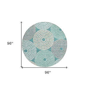 HomeRoots 5' Geometric Washable Indoor Outdoor Area Rug in Teal, Blue, Beige, and Gray - Stylish & Durable! 8' Round 591983