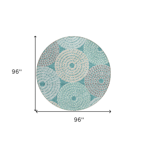 HomeRoots 5' Geometric Washable Indoor Outdoor Area Rug in Teal, Blue, Beige, and Gray - Stylish & Durable! 8' Round 591983