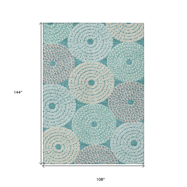HomeRoots 9' Geometric Teal Blue Beige Gray Area Rug - Washable, Durable, Perfect for Indoor & Outdoor Spaces 9' X 12' 591985