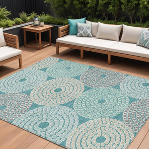 HomeRoots 9' Geometric Teal Blue Beige Gray Area Rug - Washable, Durable, Perfect for Indoor & Outdoor Spaces 9' X 12' 591985
