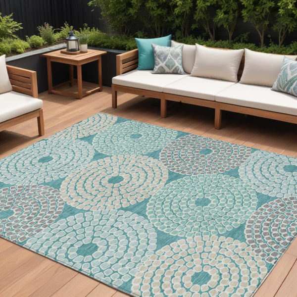 HomeRoots 9' Geometric Teal Blue Beige Gray Area Rug - Washable, Durable, Perfect for Indoor & Outdoor Spaces 9' X 12' 591985