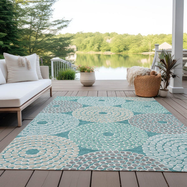 HomeRoots 9' Geometric Teal Blue Beige Gray Area Rug - Washable, Durable, Perfect for Indoor & Outdoor Spaces 9' X 12' 591985