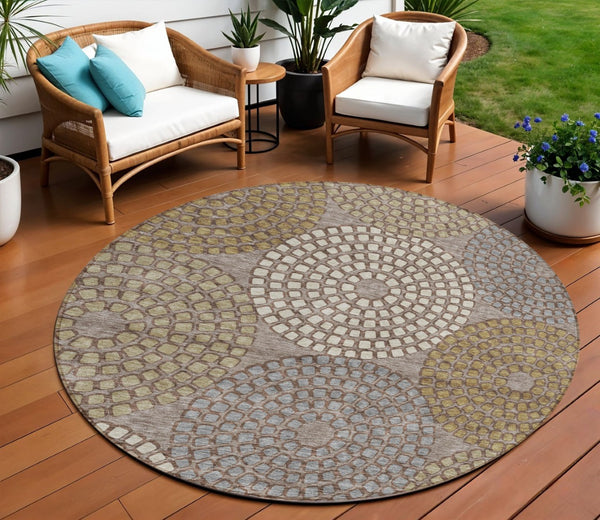 HomeRoots 5' Geometric Washable Area Rug in Taupe, Beige & Green - Durable, Stylish Design for Indoor & Outdoor 8' Round 591989