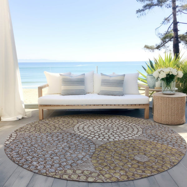 HomeRoots 5' Geometric Washable Area Rug in Taupe, Beige & Green - Durable, Stylish Design for Indoor & Outdoor 8' Round 591989