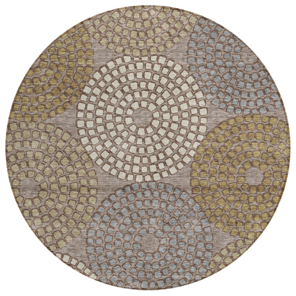 HomeRoots 5' Geometric Washable Area Rug in Taupe, Beige & Green - Durable, Stylish Design for Indoor & Outdoor 8' Round 591989