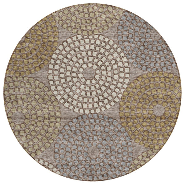 HomeRoots 5' Geometric Washable Area Rug in Taupe, Beige & Green - Durable, Stylish Design for Indoor & Outdoor 8' Round 591989