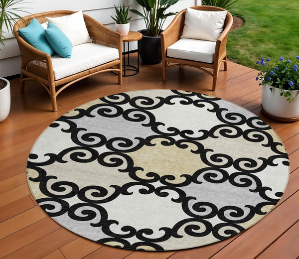 HomeRoots 5' Stylish Trellis Indoor Outdoor Area Rug in Black, Gray & Ivory – Durable, Washable, Versatile! 8' Round 591995