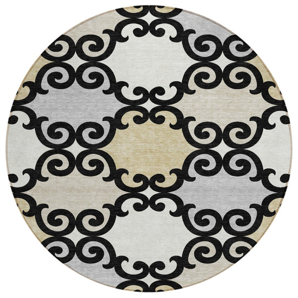 HomeRoots 5' Stylish Trellis Indoor Outdoor Area Rug in Black, Gray & Ivory – Durable, Washable, Versatile! 8' Round 591995