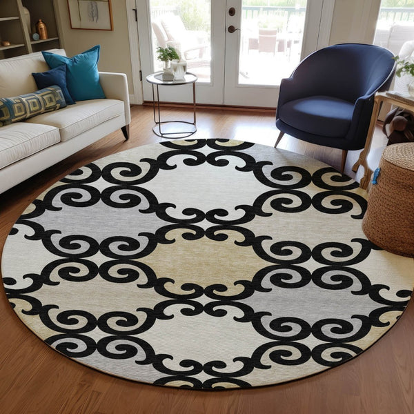 HomeRoots 5' Stylish Trellis Indoor Outdoor Area Rug in Black, Gray & Ivory – Durable, Washable, Versatile! 8' Round 591995