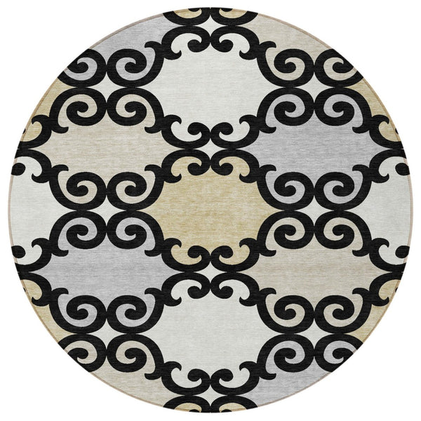 HomeRoots 5' Stylish Trellis Indoor Outdoor Area Rug in Black, Gray & Ivory – Durable, Washable, Versatile! 8' Round 591995