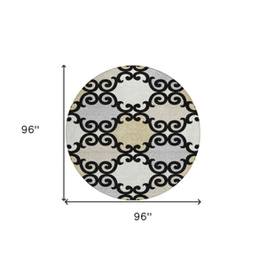 HomeRoots 5' Stylish Trellis Indoor Outdoor Area Rug in Black, Gray & Ivory – Durable, Washable, Versatile! 8' Round 591995