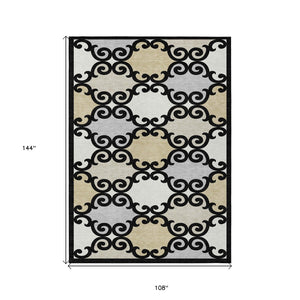 HomeRoots 9' Trellis Area Rug - Durable, Washable Indoor/Outdoor Design in Classic Black, Gray & Ivory 9' X 12' 591997