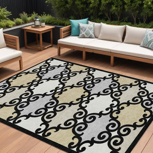 HomeRoots 5' Stylish Trellis Indoor Outdoor Area Rug in Black, Gray & Ivory – Durable, Washable, Versatile! 10' X 14' 591998