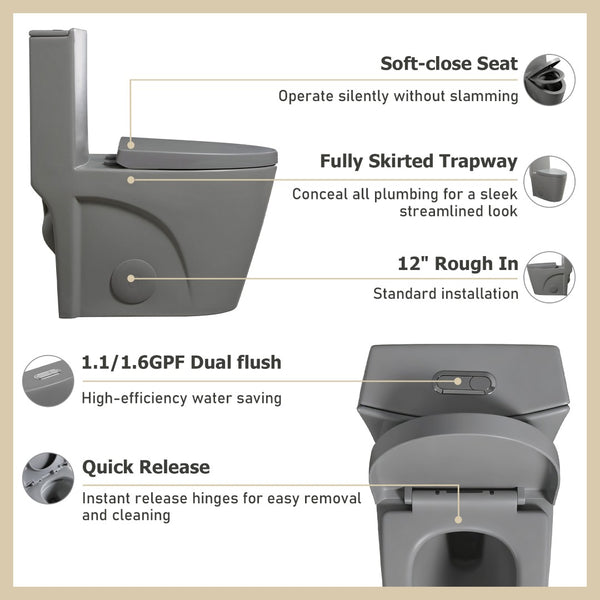 English Elm One-piece Elongated Porcelain Toilet Dual Flush Ada Comfort Height Soft Close Seat Light Grey W1920P425614
