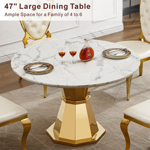 English Elm 47" Round Marble Dining Table – Elegant Faux Marble Top & Stainless Steel Base For Modern Dining Spaces W3456S00032
