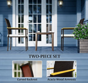English Elm Set of 2 Stackable Pe Rattan Outdoor Dining Chairs with Acacia Armrests and Cushions T3971P430542