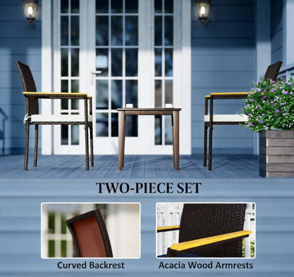 English Elm Set of 2 Stackable Pe Rattan Outdoor Dining Chairs with Acacia Armrests and Cushions T3971P430542
