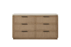 English Elm Dresser With Coastal Rope Fronts, Toffee Finish & Elegant Stone Top - Spacious 6-Drawer Storage B2699P323474