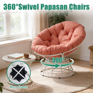 English Elm Oversized Papasan Swivel Chair Woven Resin Wicker Bowl Seat with Plush Foam Cushion White+Red T5880P492324