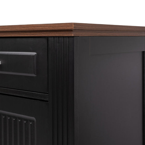 English Elm 63" Fluted Mdf Sideboard with Wood Tone Top Four Doors Three Drawers Dining Storage Black W2917S00010