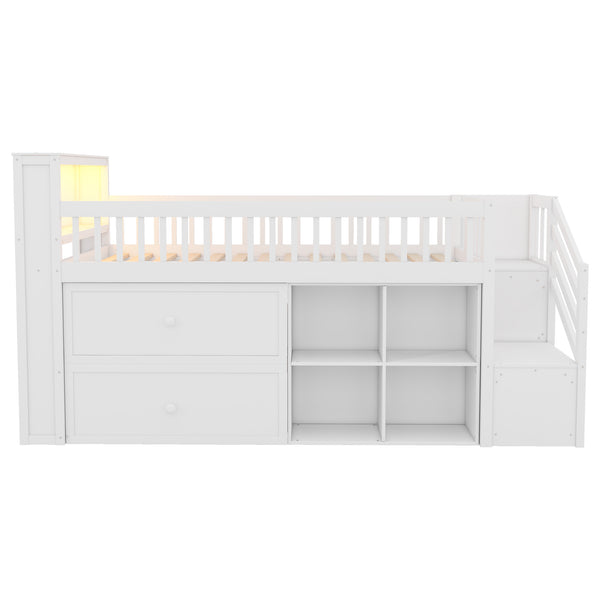 English Elm Twin Loft Bed with Built-In Stairs, Shelves, Hanging Rod & 2 Drawers for Space-Saving Kids Room White 45.87 L x 18.5 W x 10.83 H W2593S00004