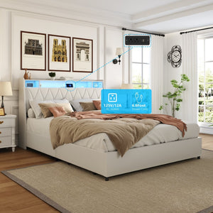 English Elm Queen Metal Platform Bed with Led Lighting Outlets Padded Headboard and Storage Shelf W3107S00005