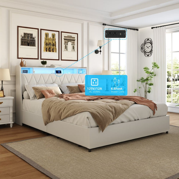 English Elm Queen Metal Platform Bed with Led Lighting Outlets Padded Headboard and Storage Shelf W3107S00005