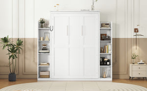 English Elm Full Size Murphy Wall Bed with Led Lighting Open Shelves Space Saving Cabinet White LP000694AAK-2
