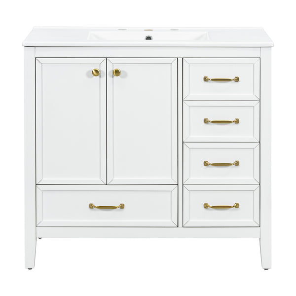 English Elm Christopher Knight Home® - 36" Vintage-inspired Bathroom Vanity with Ceramic Sink, Solid Wood Frame, Soft-Close Drawers, Spacious Storage White N759P293646K