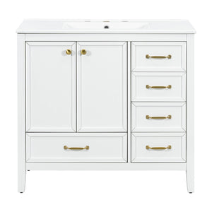 English Elm 36" Solid Pine Bathroom Vanity with Ceramic Sink 4 Soft Close Drawers Vintage Style White N759S293646K